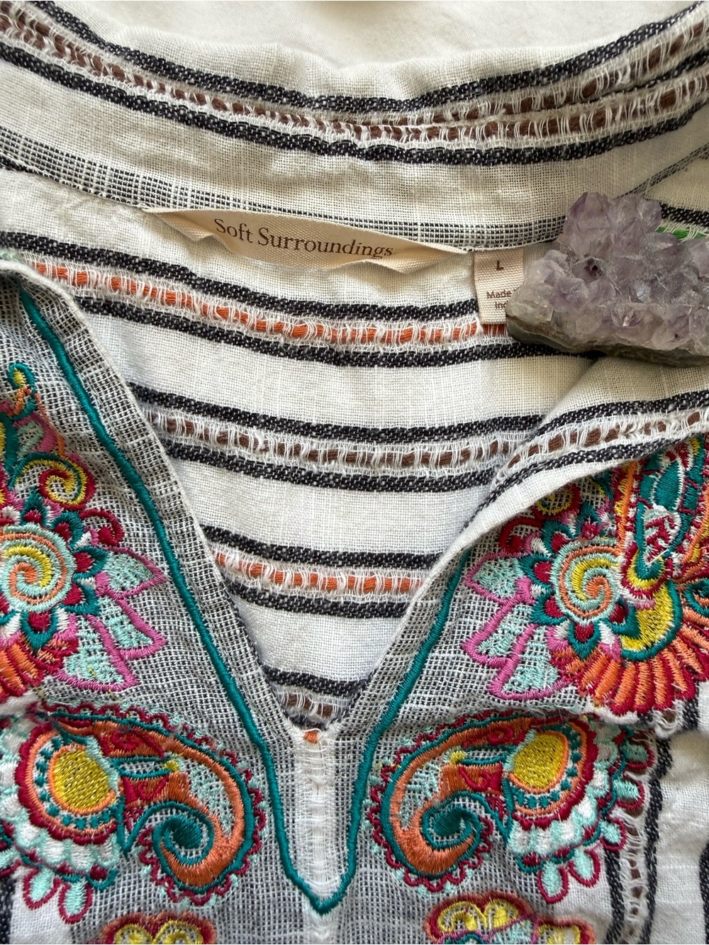 Soft Surroundings Embroidered Stripe Cotton Tunic Top Size Large Boho Lagenlook - Picture 15 of 16
